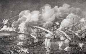 1862年、ルイジアナ州フォートジャクソンへの深夜の海上砲撃 作： American School